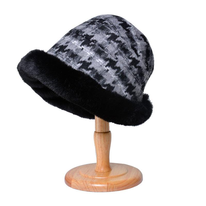 Houndstooth Ethnic Style Warm Thickened Bucket Hat - Nioor