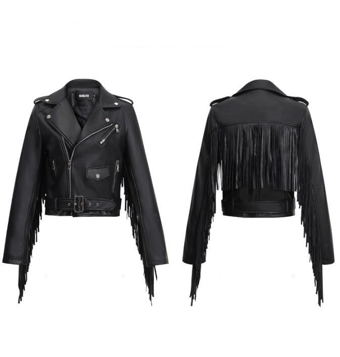 New Women's Tassel Short Slim Leather Jacket Motorcycle - Nioor