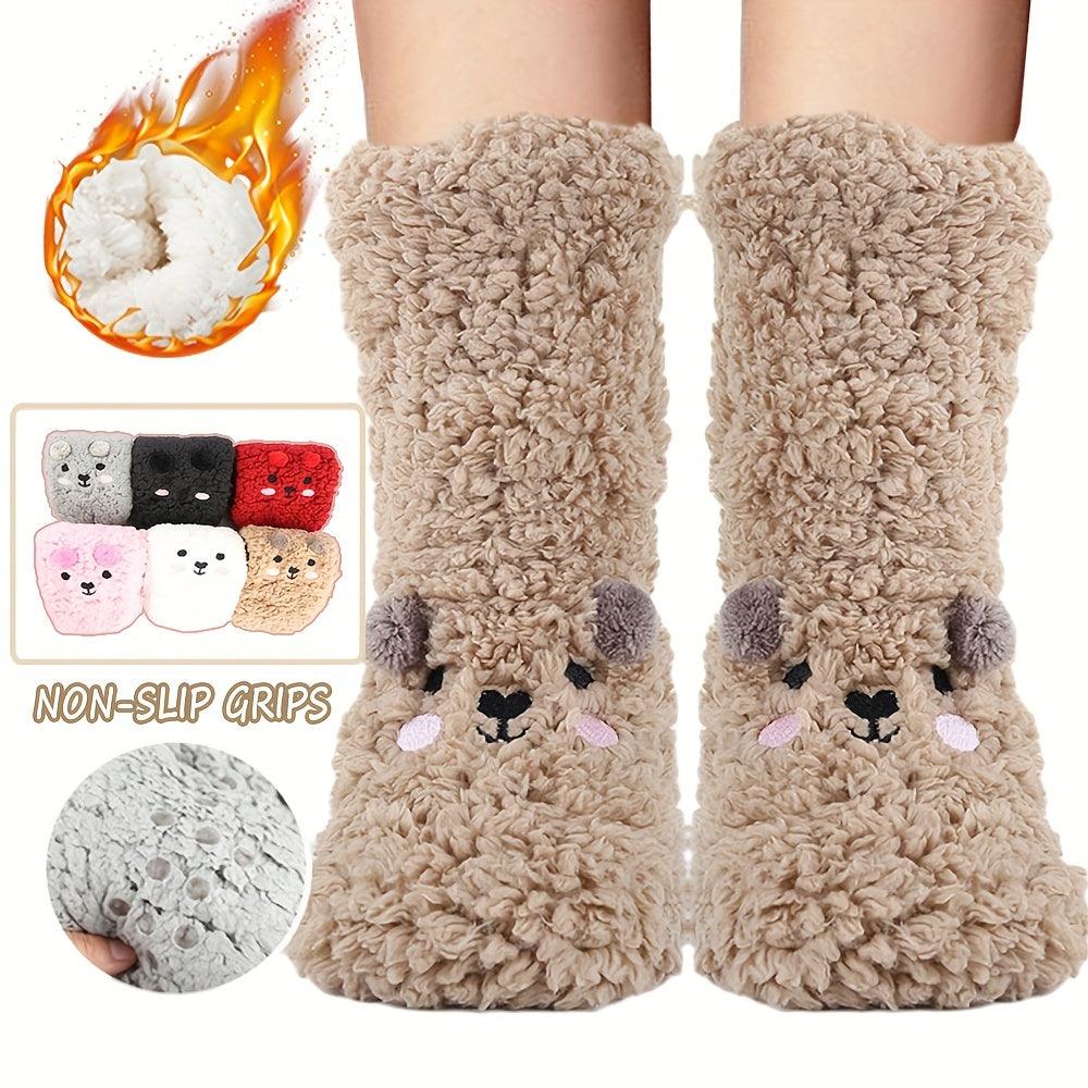 Cute Cartoon Bear Fuzzy Socks For Women, Comfortable Winter Soft Warm Slipper Socks, Casual Sleep Socks For Indoor Women's Fuzzy Socks Winter Warm Fluffy Soft Slipper Home Sleeping Cute Animal Socks - Nioor