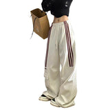 Retro Three Bars Casual Sports Pants Female Wide Leg Sweatpants - Nioor