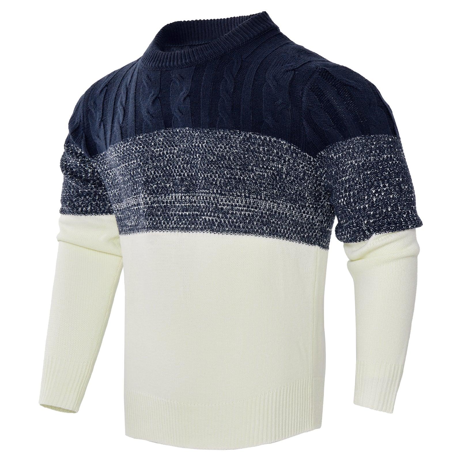 Men's Casual Color Block Long Sleeve Cable Knit Pullover Sweater - Nioor