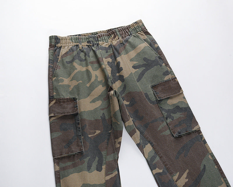 Washed And Distressed Camouflage Stitching Multi-pocket Tooling Micro Trousers