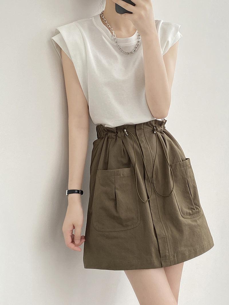 Drawstring Elastic Waist Skirt Large Workwear With Pocket Skirt - Nioor