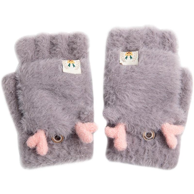 Plush Gloves Female Flip Half Finger Toe Cute Cartoon - Nioor