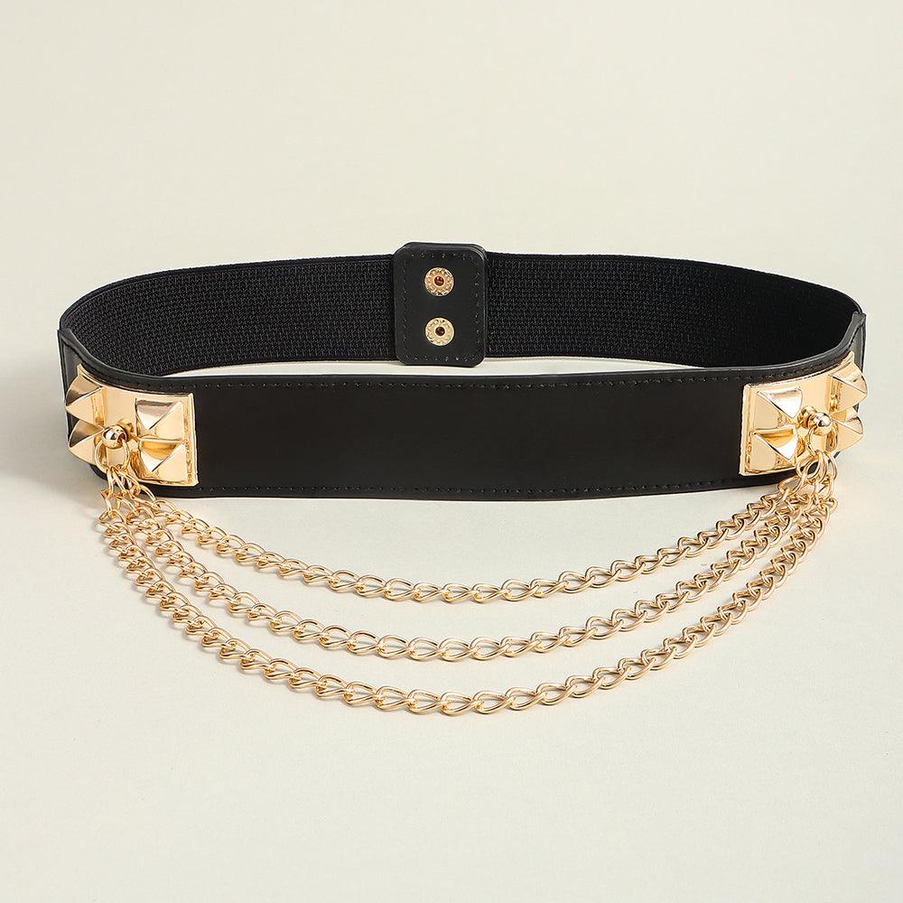 Punk Gold Rivet Chain Women's Belt Women's Elastic Stretch Wide Waist Corded Waist Black Slim Belt - Nioor