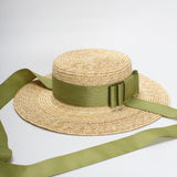 Women's Straw Hat Flat Top Fashion Green Bow Tie