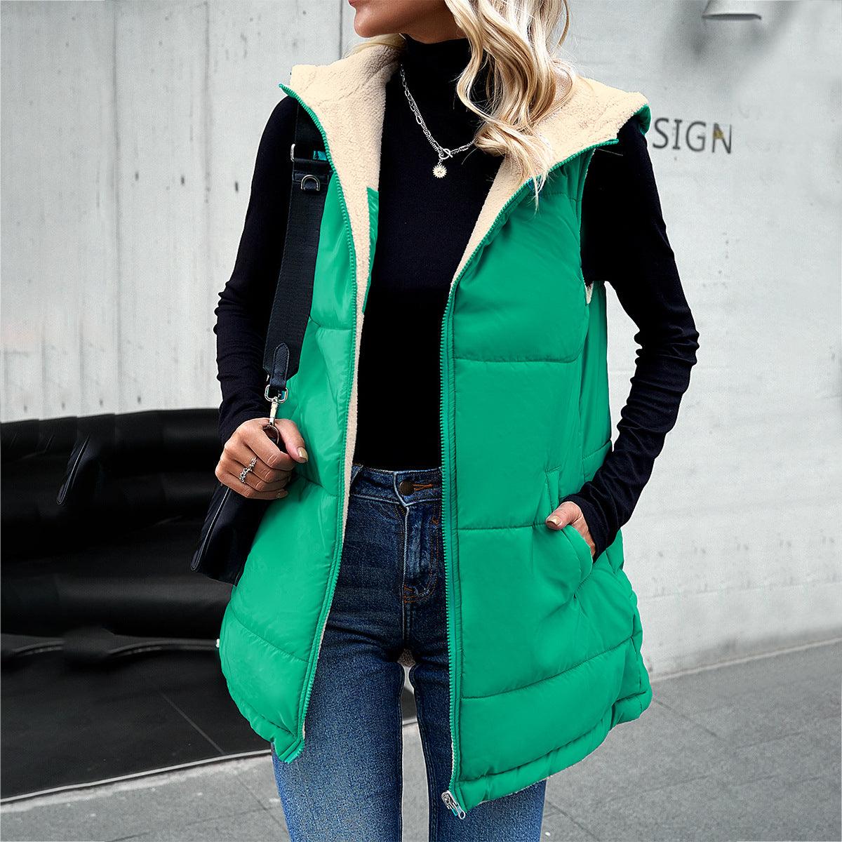 Winter Vest Women Loose Commuting Mid-length Hooded Cotton Jacket With Pockets Fashion Warm Zipper Fluffy Coat Outdoor Clothing - Nioor