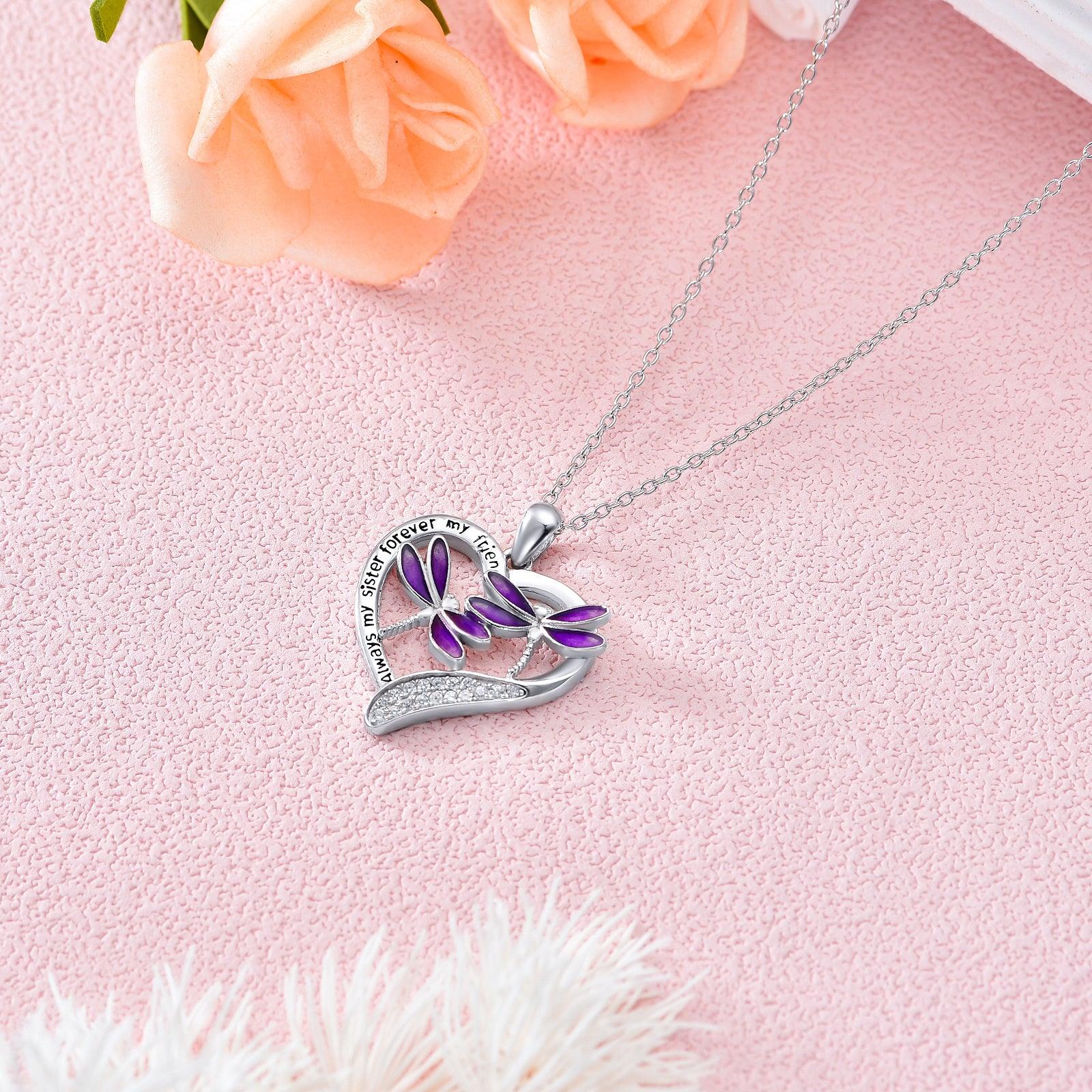 Purple Dragonfly Pendant Necklace in White Gold Plated Sterling Silver - Nioor