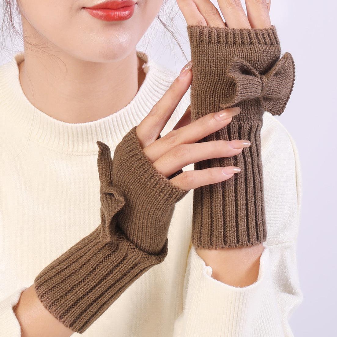 Bow Knitted Wool Keep Warm Half Finger Fingerless Gloves - Nioor