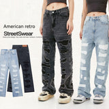 Street Men's Wear Washed Distressed Cat Beard Casual Pants Destroyed Tassel Straight Jeans - Nioor