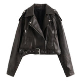 Washed Faux Leather Short Zipper Fashion Jacket - Nioor