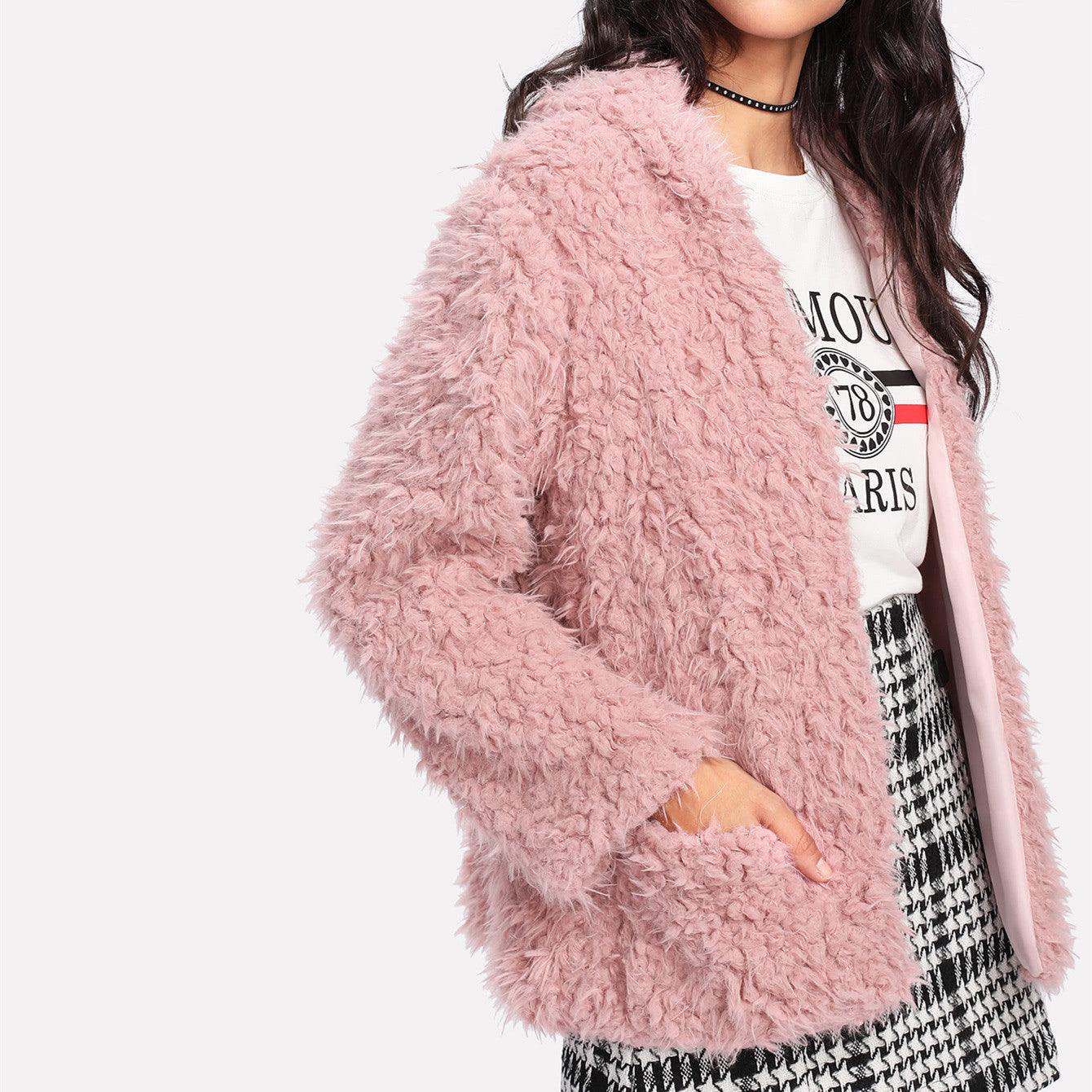 Women's Lamb Wool Hooded Plush Coat - Nioor