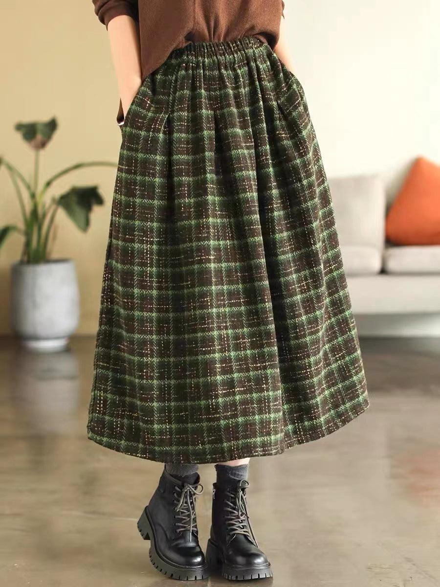 Elastic High Waist Woolen Cloth Plaid A- Line Dress - Nioor