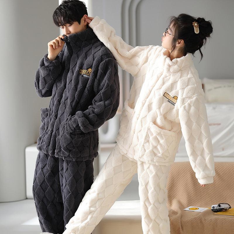 Flannel Couple Pajamas Men's Autumn And Winter Thickened Keep Warm New Zipper Cardigan Cute Coral Fleece Homewear - Nioor