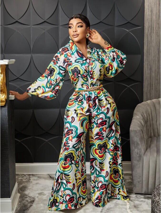 V-neck Printed High Waist Wide Leg Straight Jumpsuit - Nioor