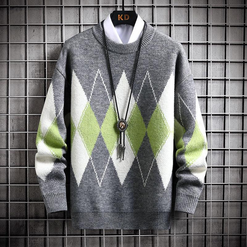 Men's Sweater Round Neck Trend Loose Plaid Top - Nioor
