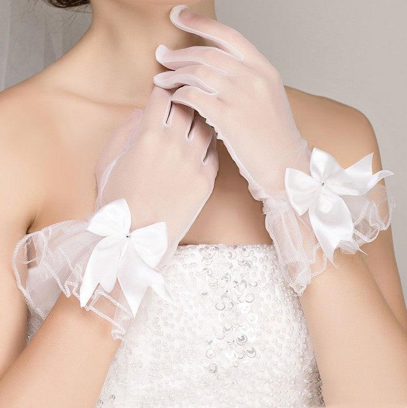 Bridal Wedding Gloves Short Full Finger Crystal Tulle - Nioor