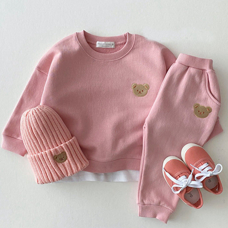 Newborn Infant Children's Cotton Bear Round Neck Sweater Sports Suit Cartoon Two Piece Set