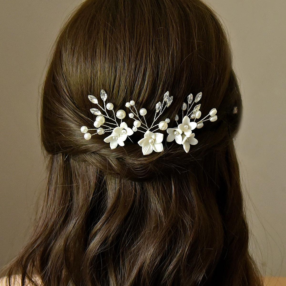 Three Sets Of White Flower U Shaped Hairpins - Nioor