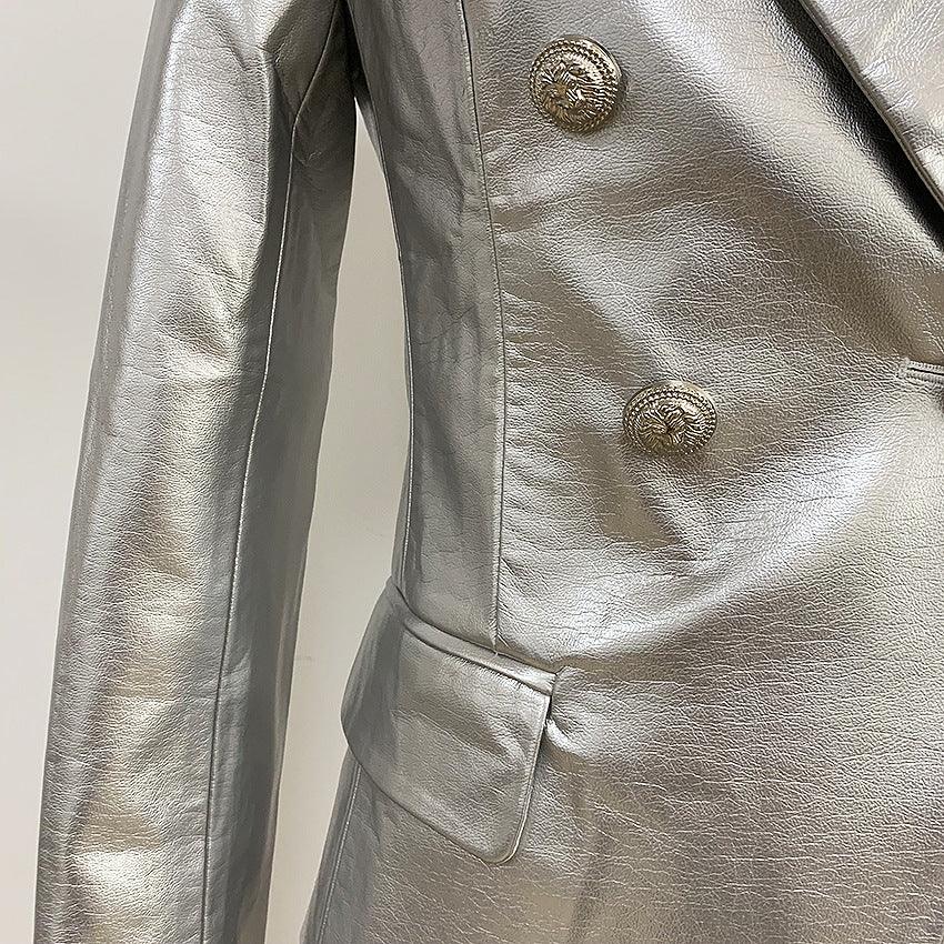 Double-breasted Shiny Silver Synthetic Leather Slim Suit Jacket - Nioor