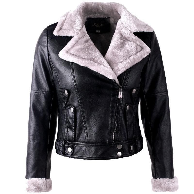 Large Lapel Long Sleeves Plus Velvet Thick Leather Jacket Women - Nioor