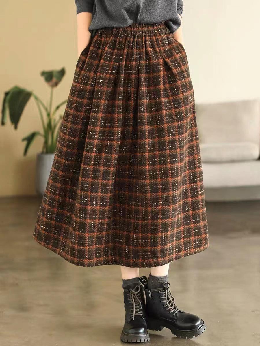 Elastic High Waist Woolen Cloth Plaid A- Line Dress - Nioor