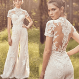 Bride Pants Suit Wedding Bridal Gowns Short Sleeve Jumpsuit - Nioor