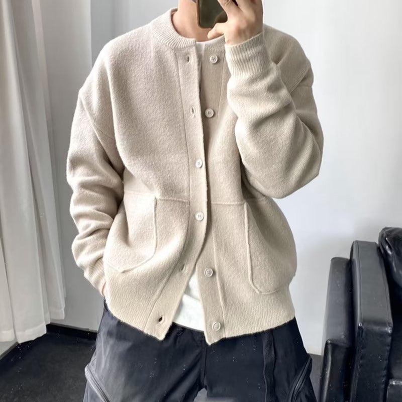 Wool Cardigan Men's Spring And Autumn Hong Kong Style Sweater Round Neck Jacket Simple Loose Thick Sweater Coat - Nioor