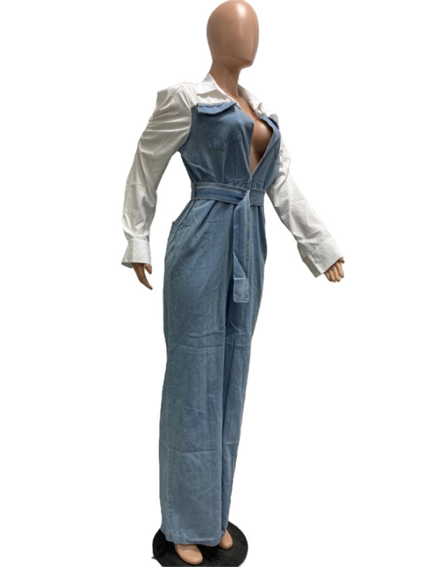 Casual Denim Stitching Plus Size Jumpsuit - Nioor