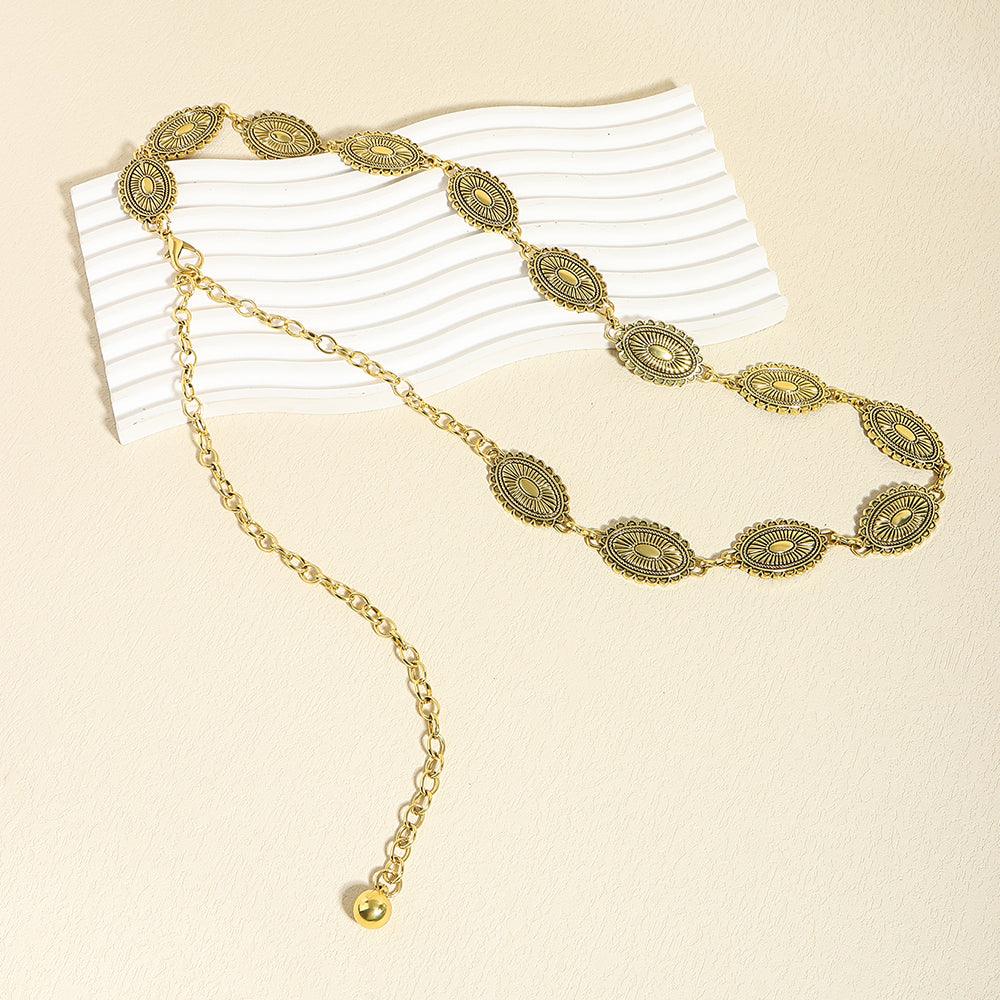 Retro National Style Carved Ancient Gold And Silver Metal Waist Chain Sexy Elegant Women's Dress Senior Sense Decorative Belt - Nioor