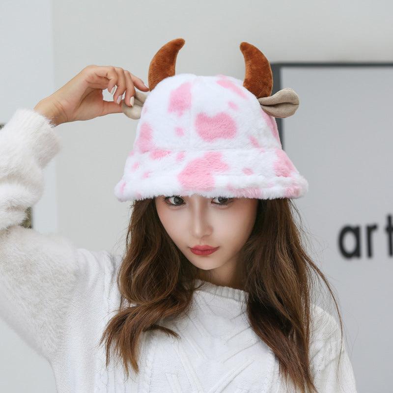 Cow Pattern Fisherman Hat With Cute Horn Winter Fashion Thickened Warm Plush Hat For Women - Nioor