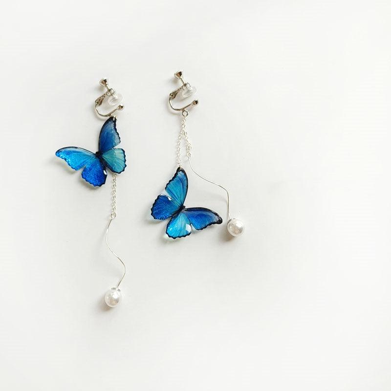 Blue Butterfly Ear Thread S925 Sterling Silver Long Pearl - Nioor