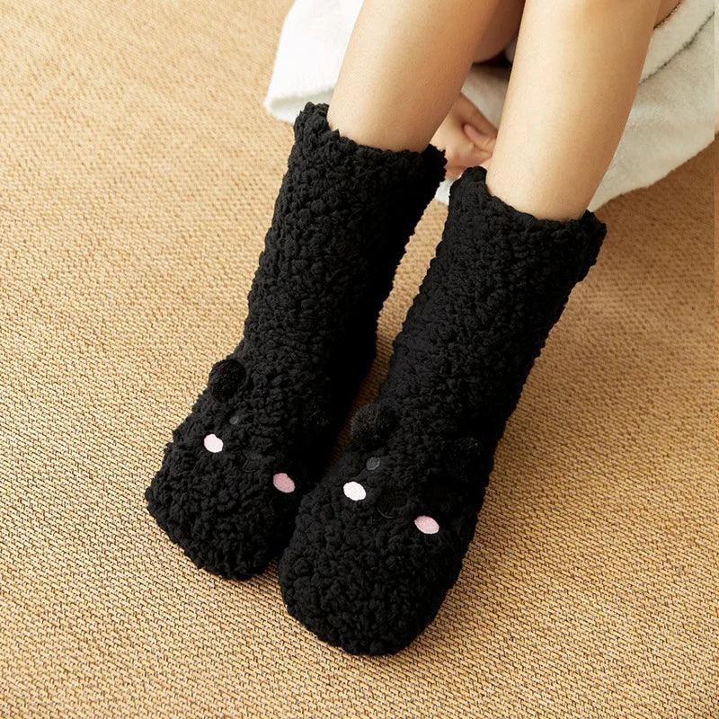 Cute Cartoon Bear Fuzzy Socks For Women, Comfortable Winter Soft Warm Slipper Socks, Casual Sleep Socks For Indoor Women's Fuzzy Socks Winter Warm Fluffy Soft Slipper Home Sleeping Cute Animal Socks - Nioor