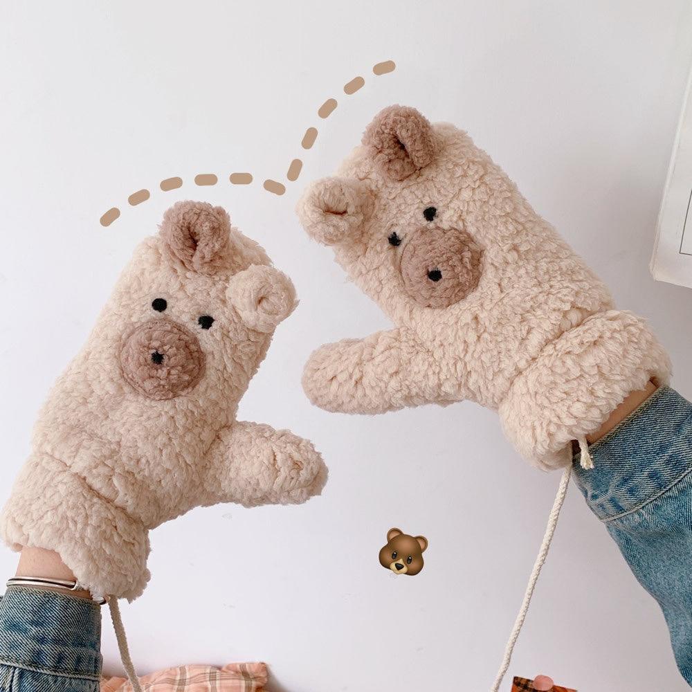 Winter Warm Cartoon Bear Plush Gloves Halter All-inclusive Cold Protection Fleece Thick - Nioor