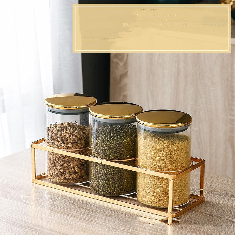 Storage Moisture-proof Kitchen Multi-grain Tea Glass Sealed Jar Three-piece Set With Rack - Nioor