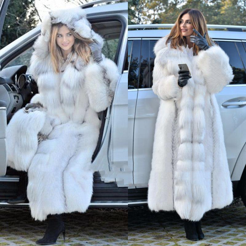 Women's Long Style White Long Fur Coat - Nioor