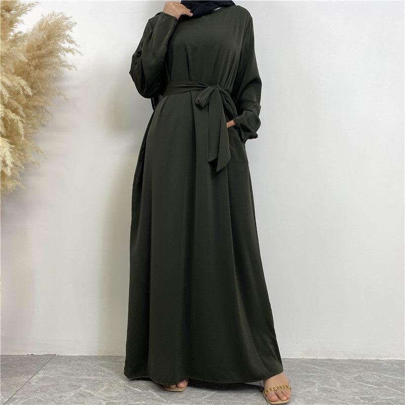 Clear Color Lace Up Muslim Dress With Pockets