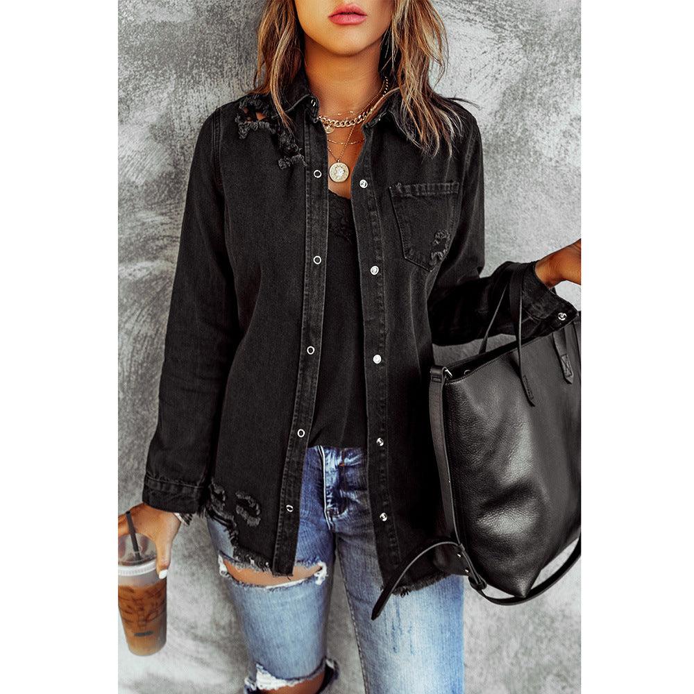 Black Ripped Shirt Denim Long Sleeve Coat Jacket Women - Nioor