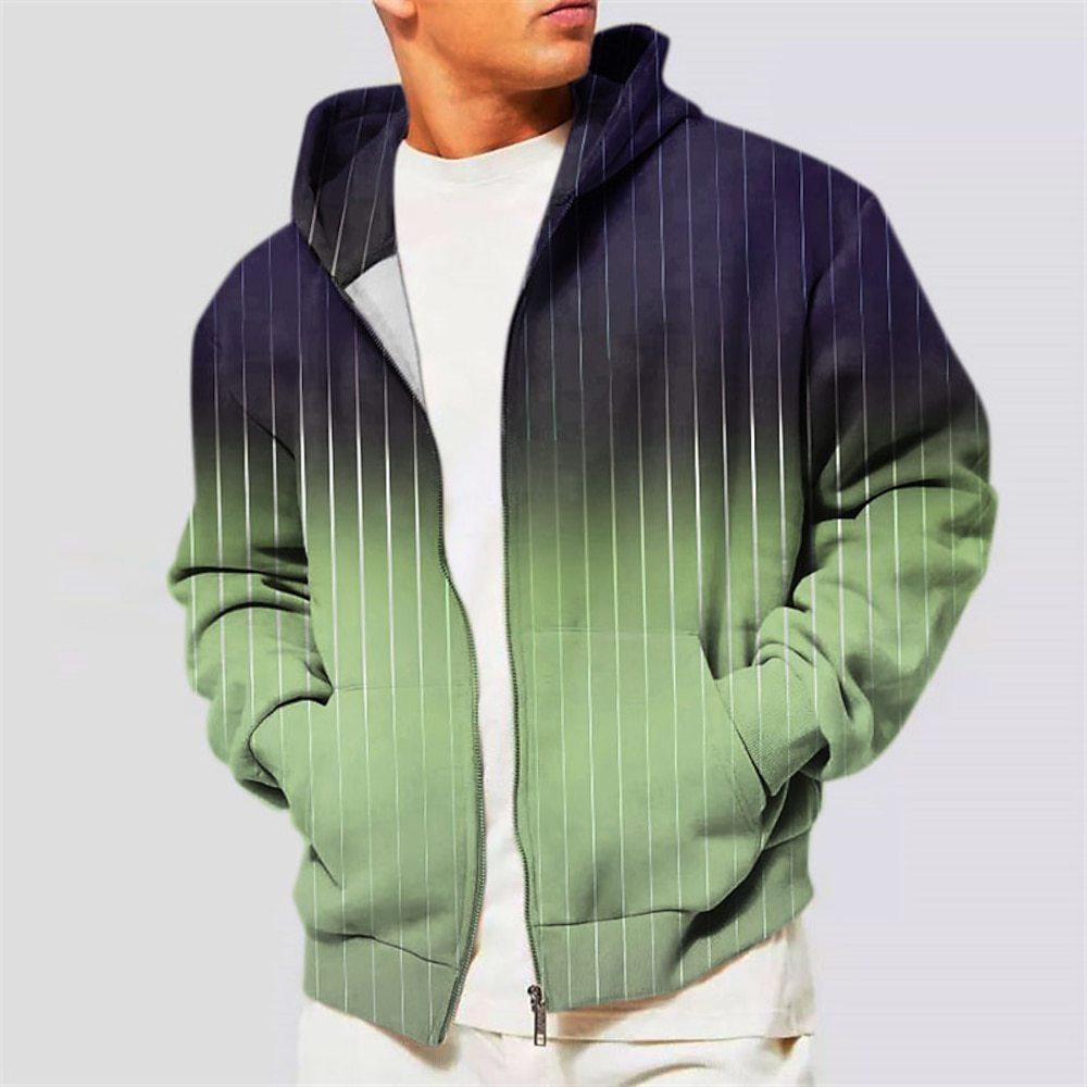 Men's Hoodie Jacket Coat Zipper Hooded Sweatshirt Sports Classic Casual Striped Pattern Printed Gradient Coat - Nioor