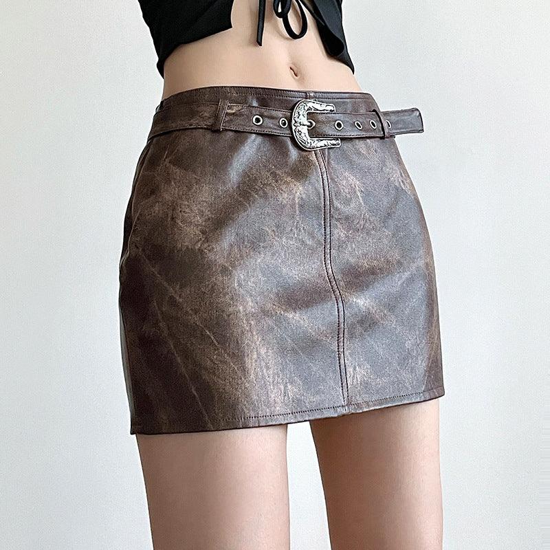 Women's Fashion Brown Vintage Tie-dye Leather Skirt - Nioor