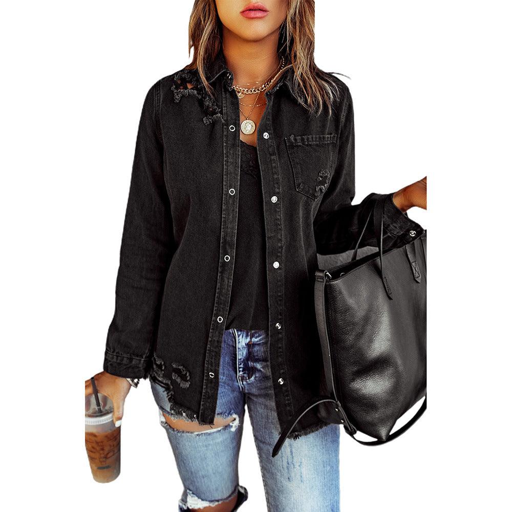 Black Ripped Shirt Denim Long Sleeve Coat Jacket Women - Nioor