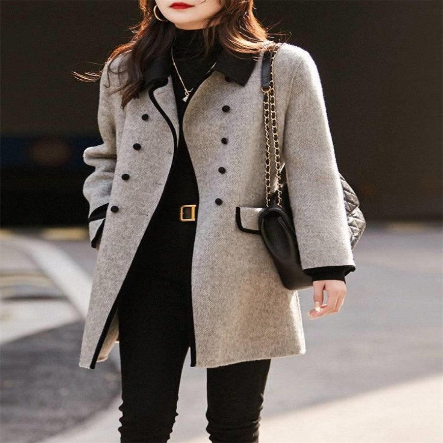 Casual Contrast Color Peter Pan Collar Reversible Woolen Coat - Nioor