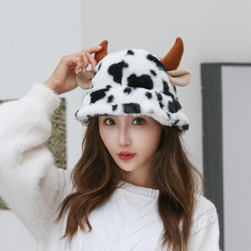 Cow Pattern Fisherman Hat With Cute Horn Winter Fashion Thickened Warm Plush Hat For Women - Nioor