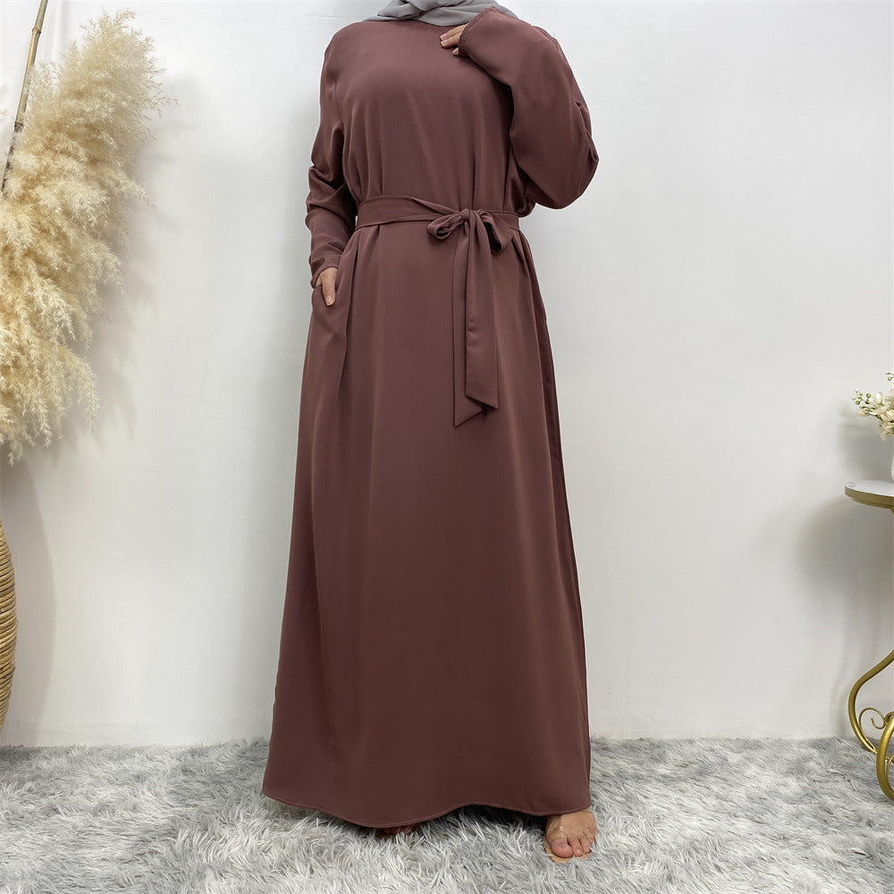 Clear Color Lace Up Muslim Dress With Pockets