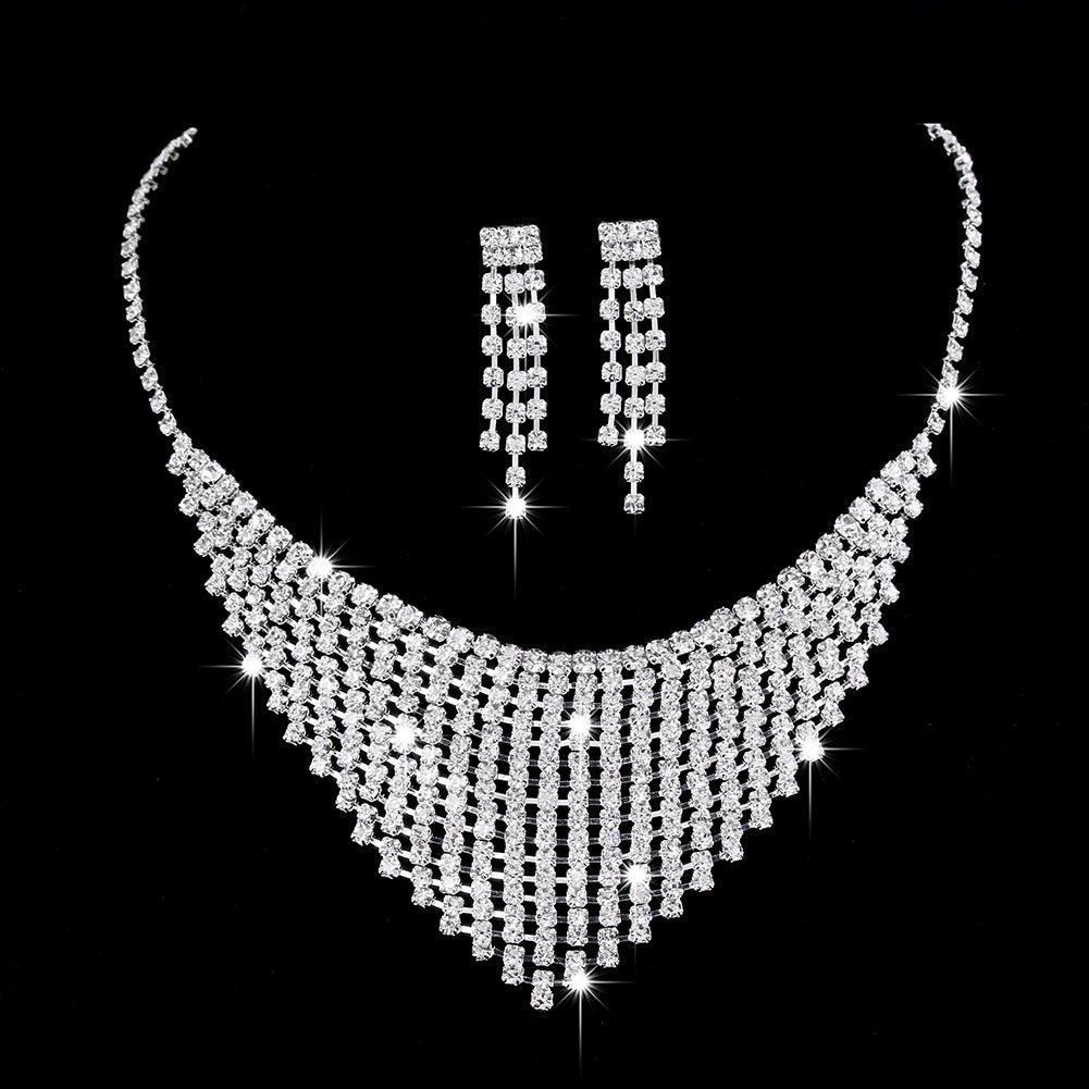 Full Rhinestone Zircon Water Drop Necklace Earrings Jewelry Set - Nioor