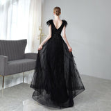 Black Double Shoulder Evening Dress Woman - Nioor