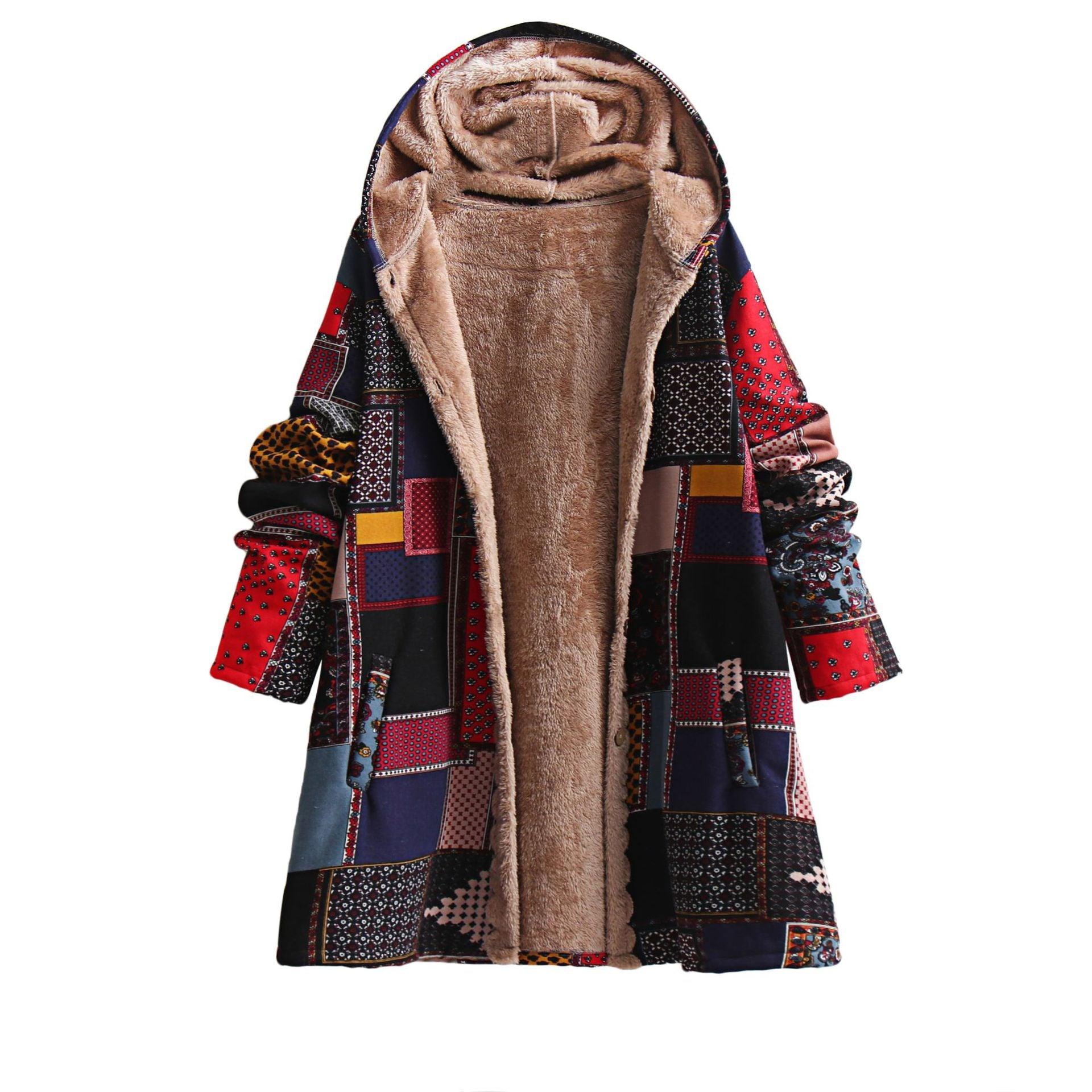 Autumn And Winter New Ethnic Style Cotton-padded Coat Hooded Cotton Jacket Fleece-lined Baggy Coat - Nioor