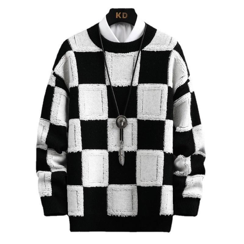 Men's Trendy Plaid Round Neck Sweater Loose - Nioor