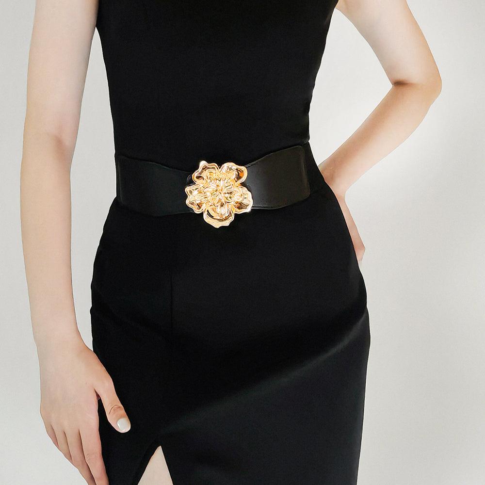 Elegant Women's Stretch Elastic Belt Metal Large Flower Needle Buckle Decorated Dress Shirt Waist Belt - Nioor