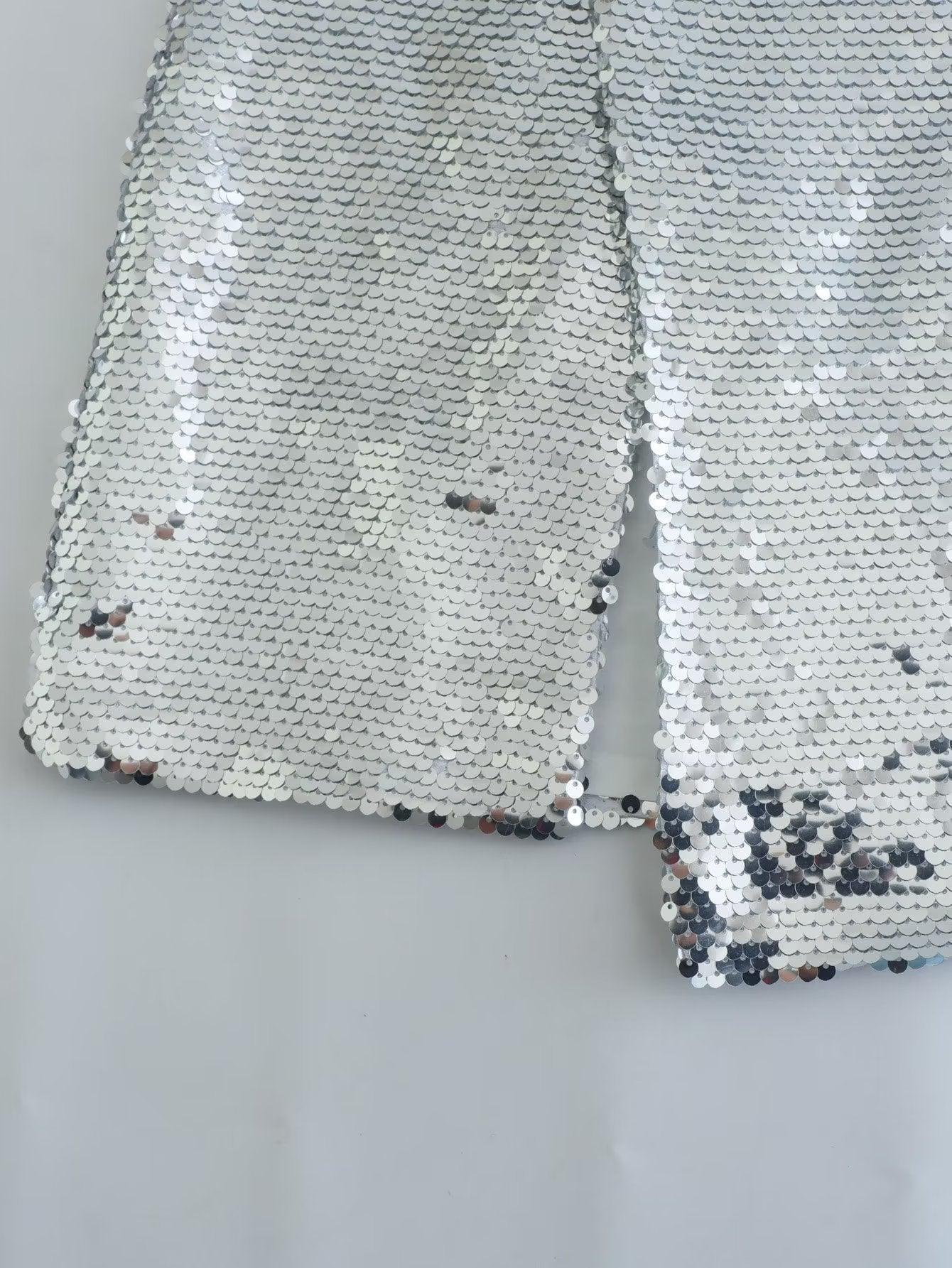 New Style Silver Sequined Split Skirt - Nioor